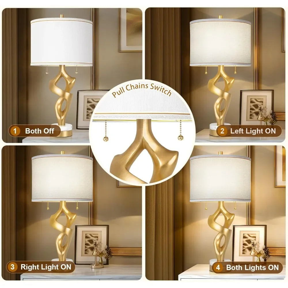 Customizable-Scenekoy Sculptural Table Lamp Set Of 2 For Living Room With Marble Base & USB Ports, Gold Leaf Finish Rustic Bedsi