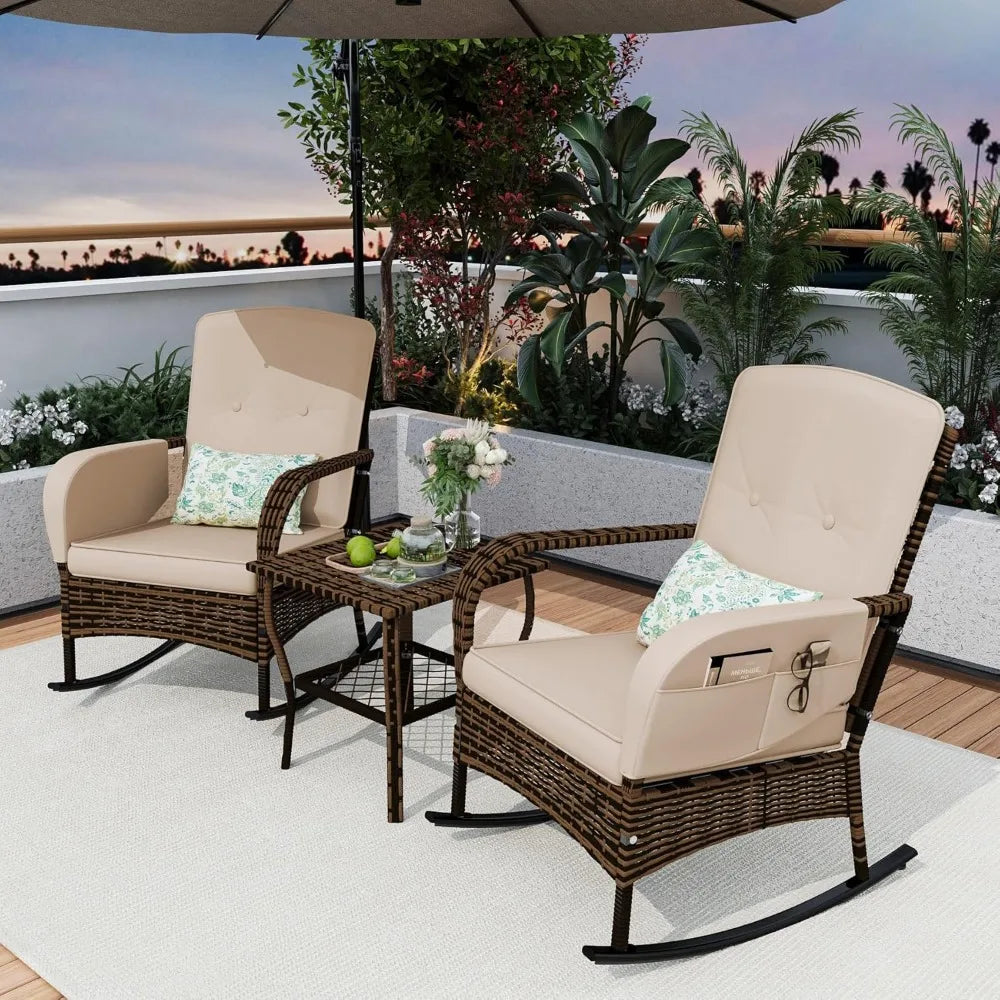 Patio Furniture Set With Outdoor Rocking Chairs And Rattan Coffee Table Weather Resistant
