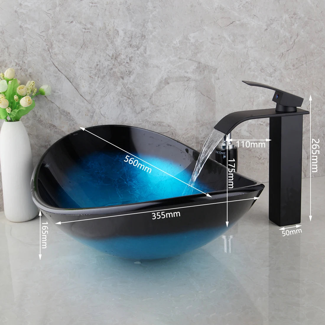KEMAIDI Bathroom Sink Tempered Glass Washbasin Vessel Sink with Black Waterfall Faucet Bathroom Countertop Basin Sinks
