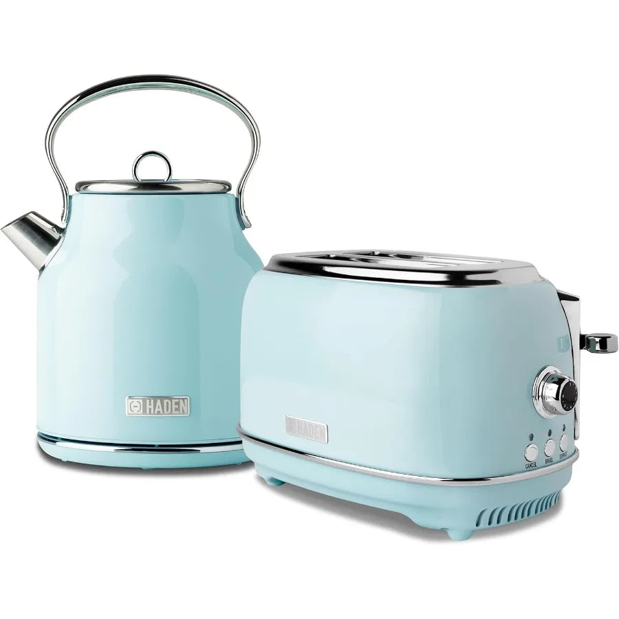 Heritage 1.7 Liter Stainless Steel Electric Tea Kettle with Heritage 2 Slice Wide Slot Stainless Steel Bread Toaster Turquoise