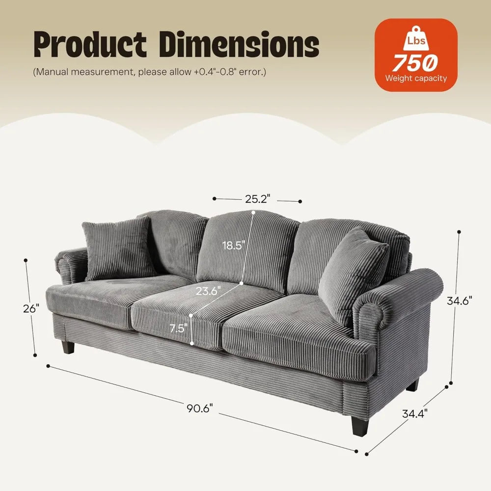 3 Seater Sofa Couch with Deep Seat,91" Comfy Cloud Couches for Living Room,Mid Century Modern Upholstered Sofa with Armrests