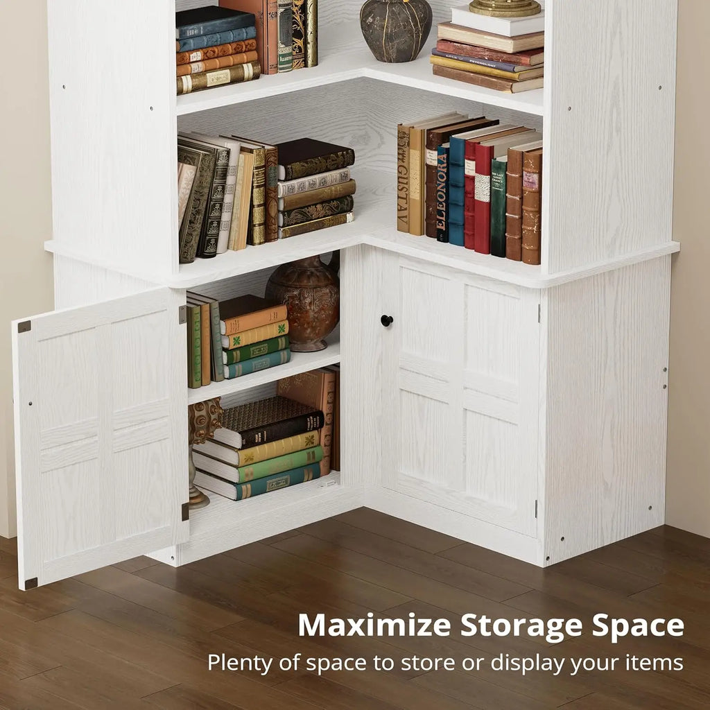 XMSJ Corner Bookshelf With Doors 6 Tier Cabinet Storage