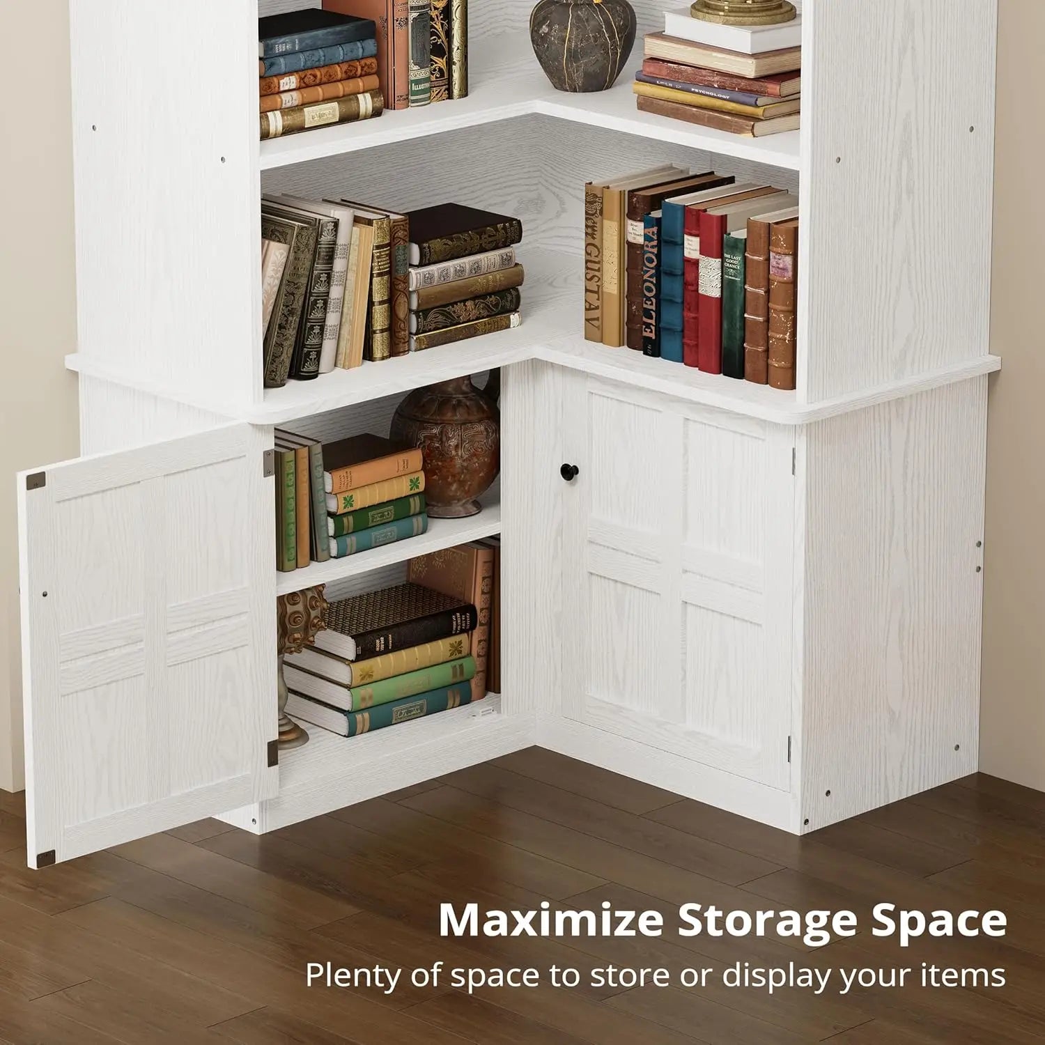 XMSJ Corner Bookshelf With Doors 6 Tier Cabinet Storage