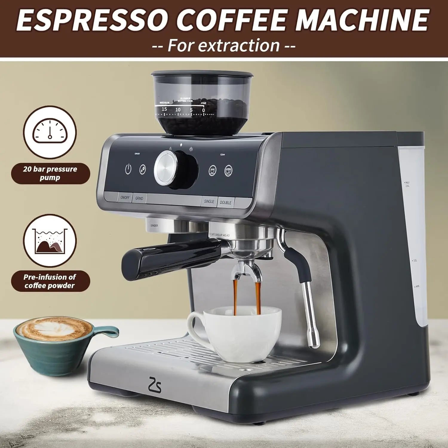 Acekool Espresso Machine With Grinder And Milk Frother Steam Wand