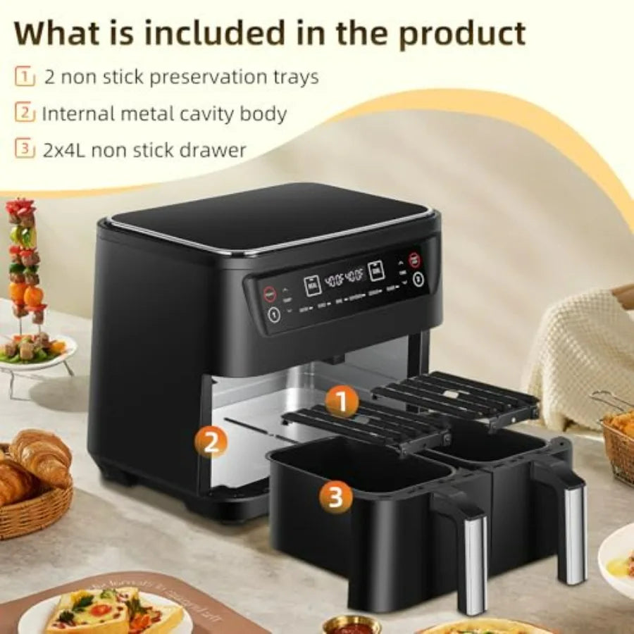 8.5QT Dual Zone 6-in-1 Air Fryer for Roast Bake Dehydrator Defrost Reheat Quick Meals Kitchen Appliance with Stainless Steel Ex