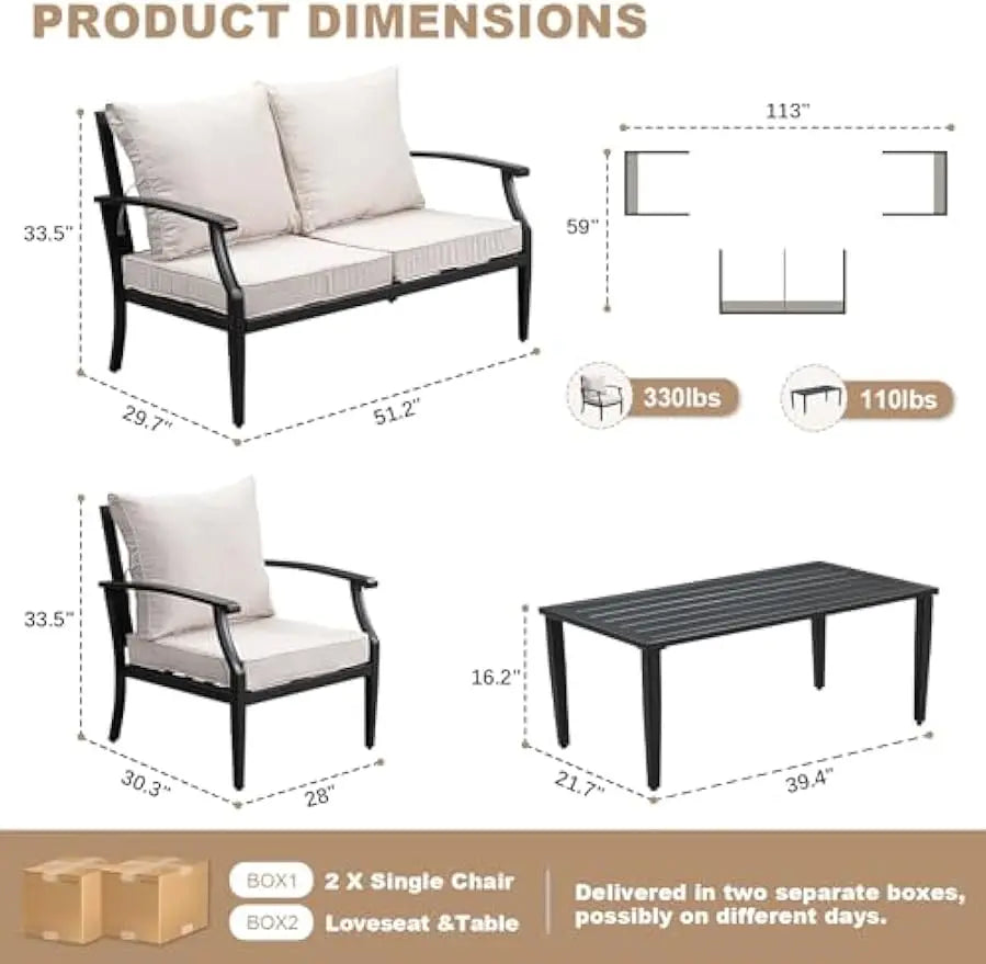 Outdoor Patio Metal Conversation Set With Sofa Loveseat Table