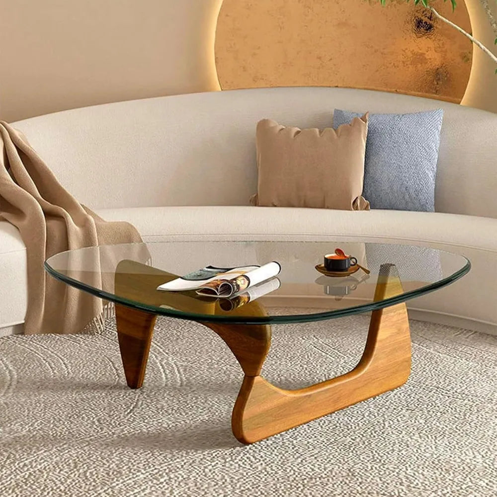 Triangle Glass Coffee Table With Wooden Base Modern