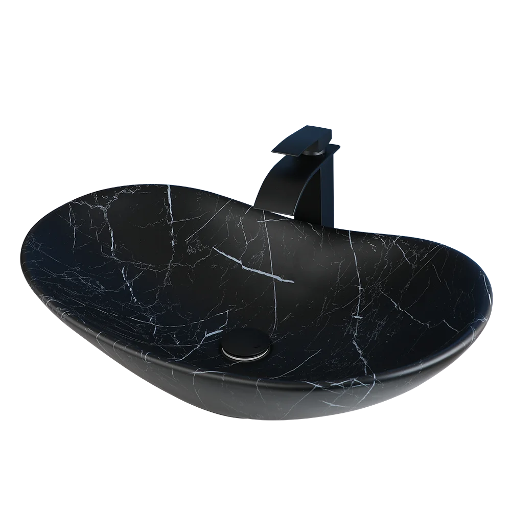 KEMAIDI Black Bathroom Sink with Gold Trim Oval Porcelain Vessel Sink with Faucet Drain Combo Above Counter Wash Basin Sink Bowl