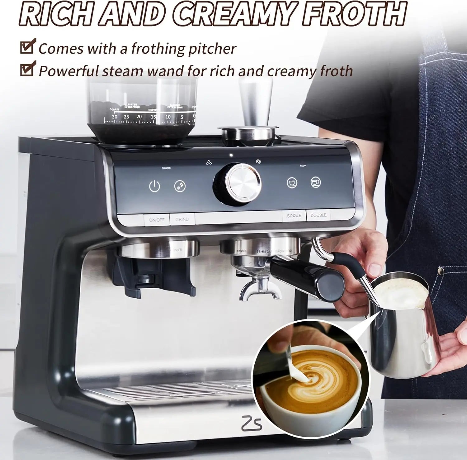 Acekool Espresso Machine With Grinder And Milk Frother Steam Wand