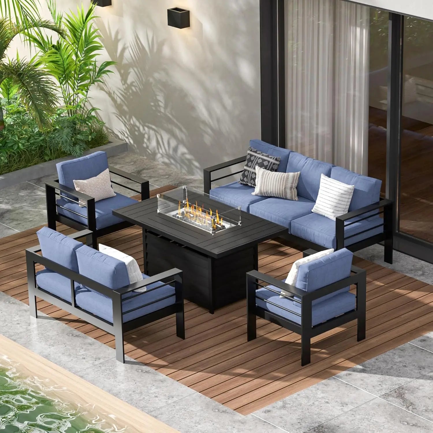 XMSJ Aluminum Patio Furniture Set 7 Seats With Fire Pit