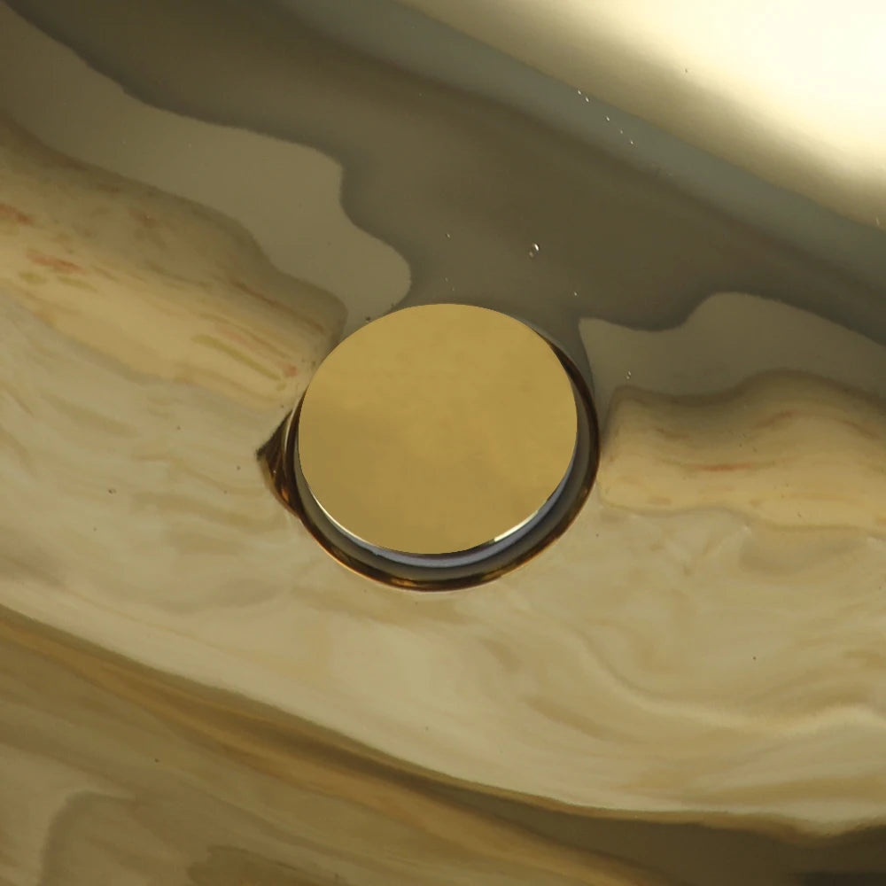 OUBONI Gold Ceramic Luxury Bathroom Vessel Sink Set  Bowl Washbasin Waterfall Brass Faucet Pop Up Drain Combo High-End Basin Kit