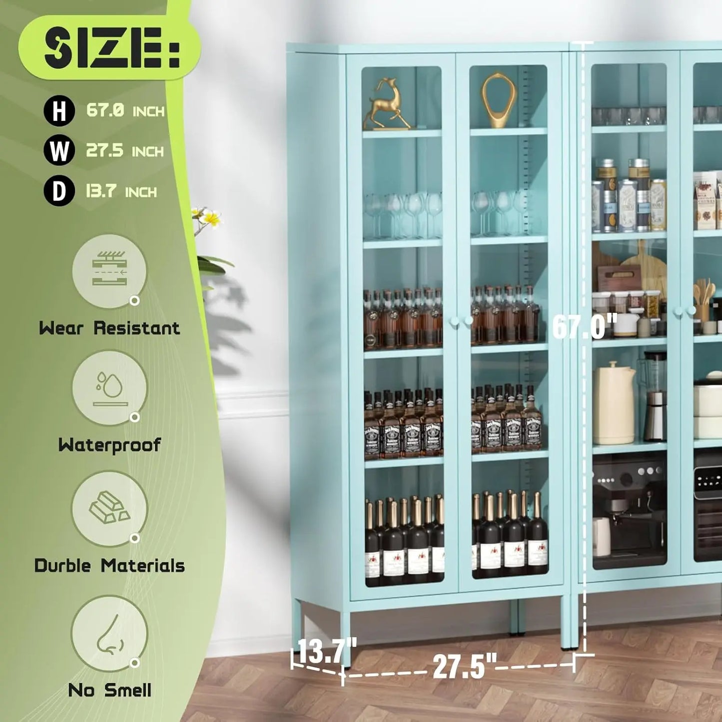 67" Metal Glass Display Cabinet, Storage Cabinet for Collectibles, Curio, China, Books, Display Case with Glass Doors