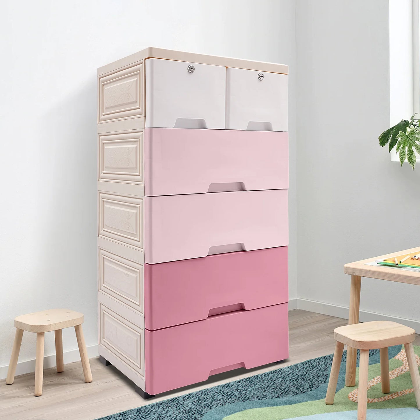 Gradient Pink Plastic Storage Cabinet W/ 6 Drawers - Dresser Organizer for Closet, Bedroom & Office - Modern PP Drawers Dresser