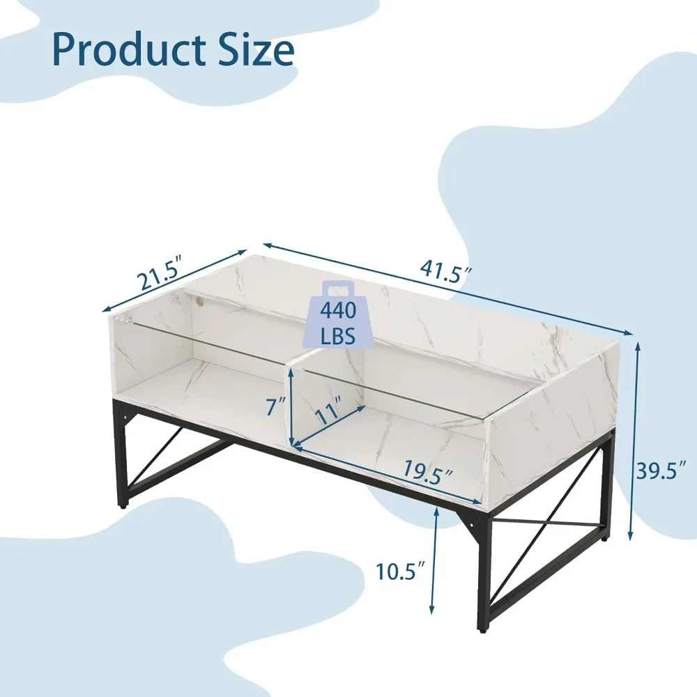 LED Coffee Table With Storage Cubes And Tempered Glass Top