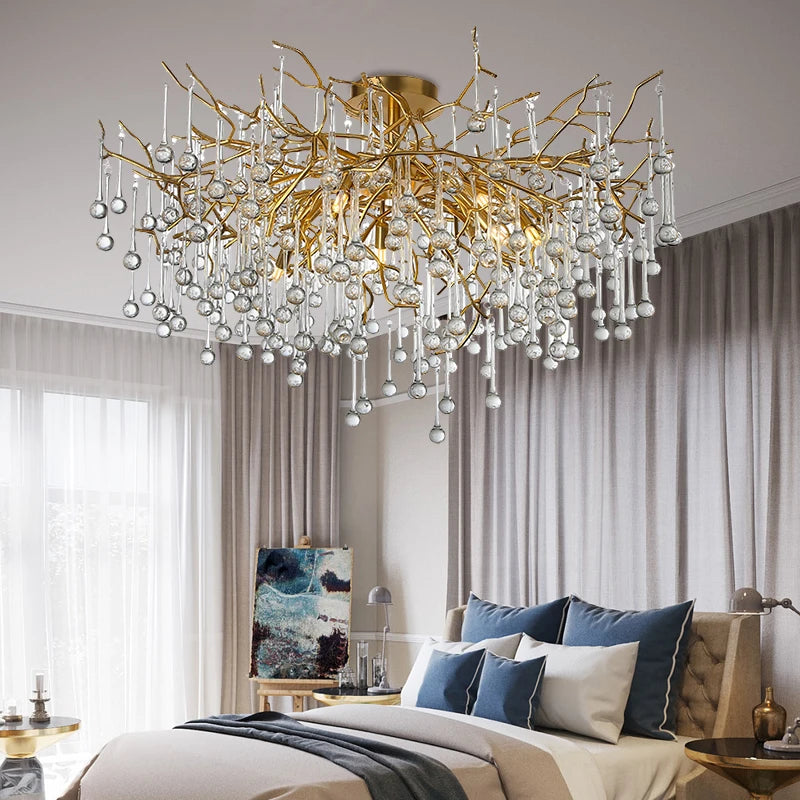 Luxury Modern Crystal Ceiling Bedroom Chandelier Round Glass Cristal Gold Tree Branch Ceiling Chandeliers For Living Dining Room