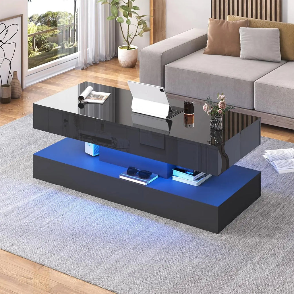 QiaoShiRen Modern Coffee Table With LED Lights Double Layer Storage Drawers