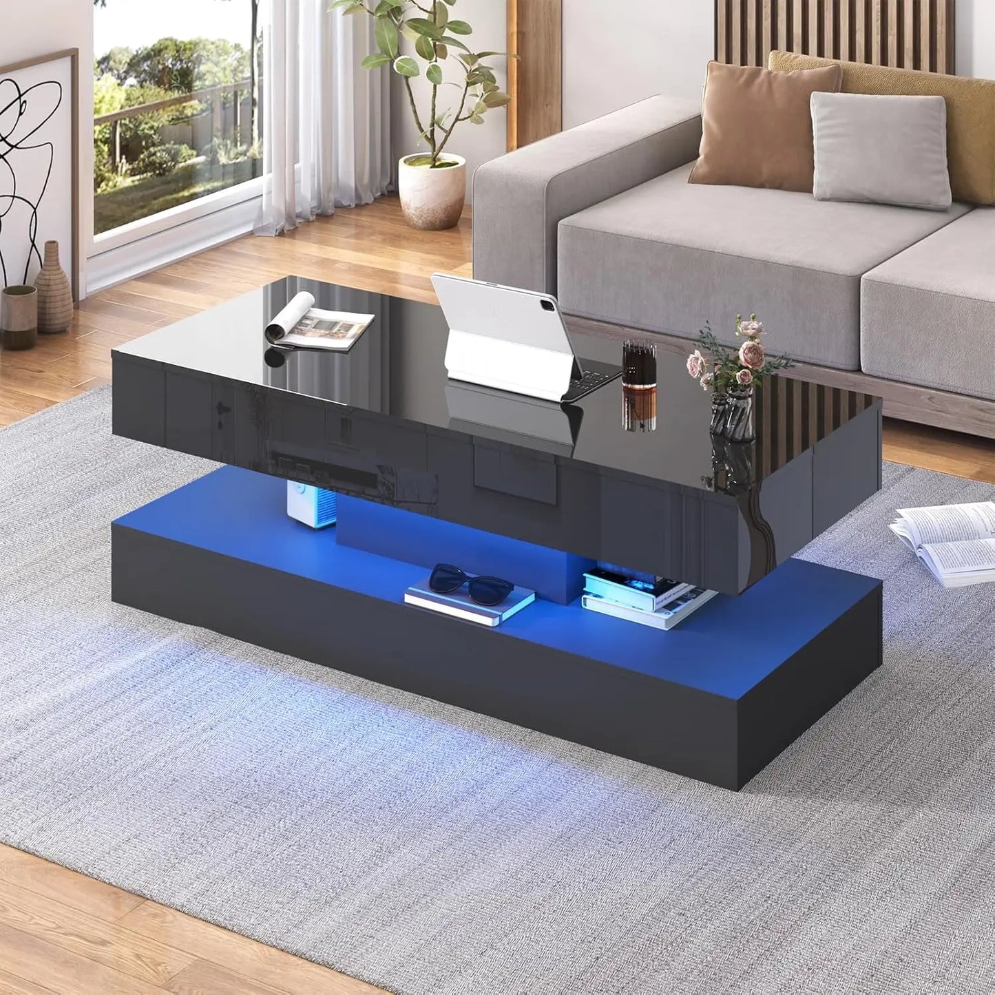 QiaoShiRen Modern Coffee Table With LED Lights Double Layer Storage Drawers