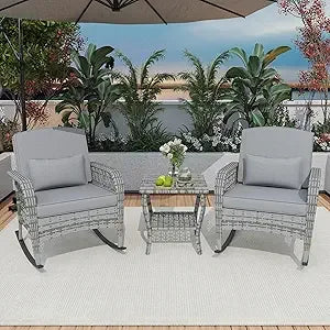 Patio Furniture Set With Outdoor Rocking Chairs And Rattan Coffee Table Weather Resistant