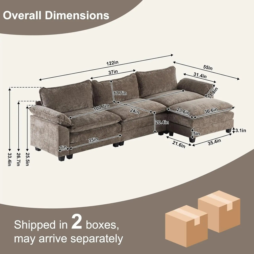 122" Sectional Couch 3-Seat Deep Sofa Couch with Ottoman Modern L Shape Sectional Sofa Chenille Upholstered for Living Room, Ap