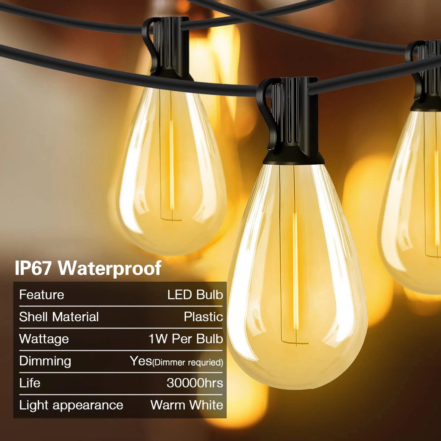 S14 Outdoor String Lights Dimmable 2700K Waterproof With Bulbs Connectable