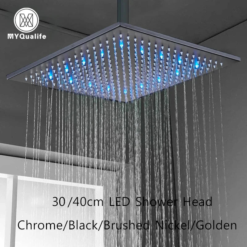 Rainfall Shower Head LED Light 12/16" Large Brass Rainfall Shower Faucet Head Square Shape/Color Changed