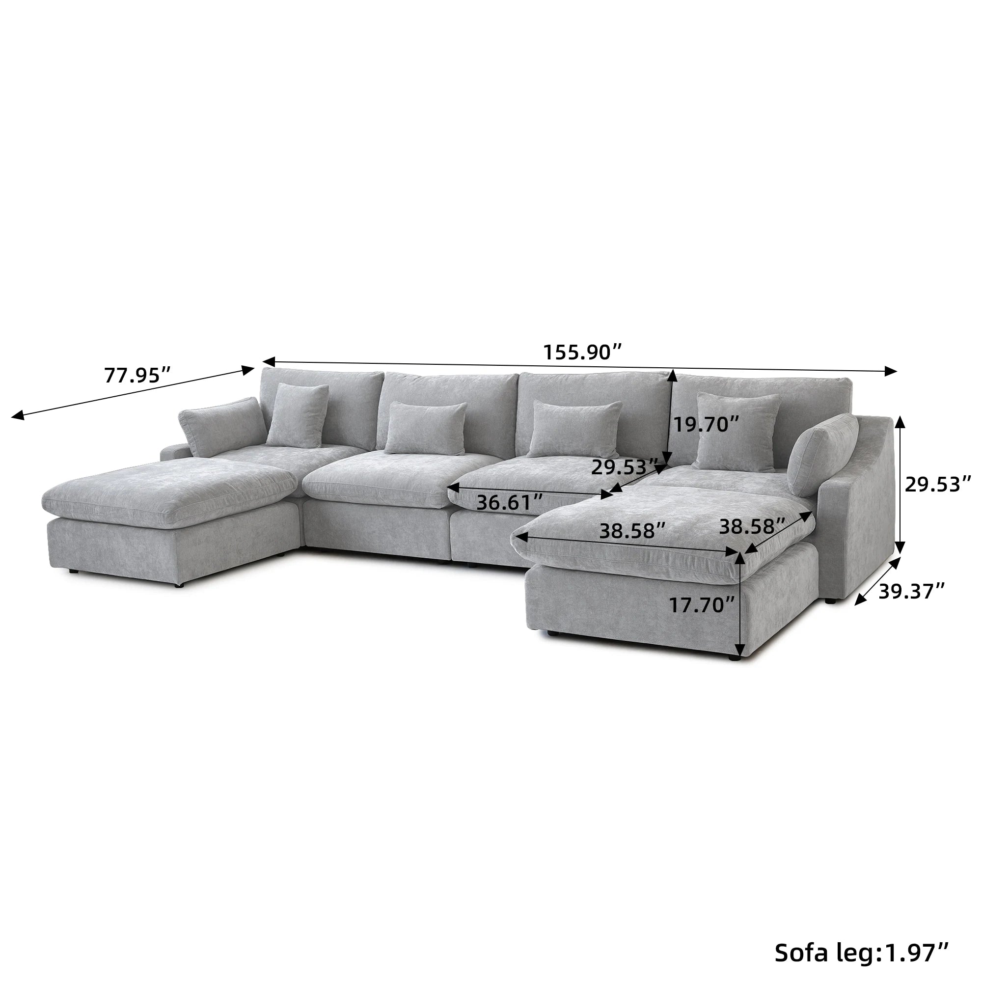 Modular Sectional Sofa for Living Room 160" Cloud Couch Down Filled U Shaped Couch with Ottoman Modern 6 Seater Convertible Sofa