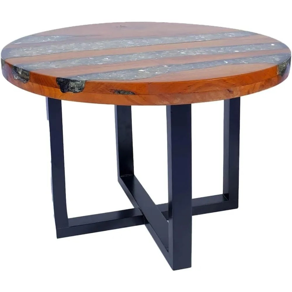 Teak Mango Wood Round Coffee Table With Resin Inlay