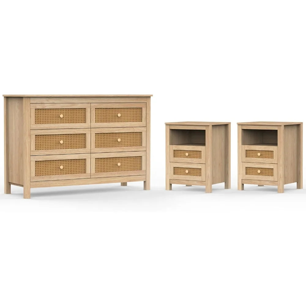 MKDK Boho 6 Drawer Dresser And 2 Nightstands Set Storage