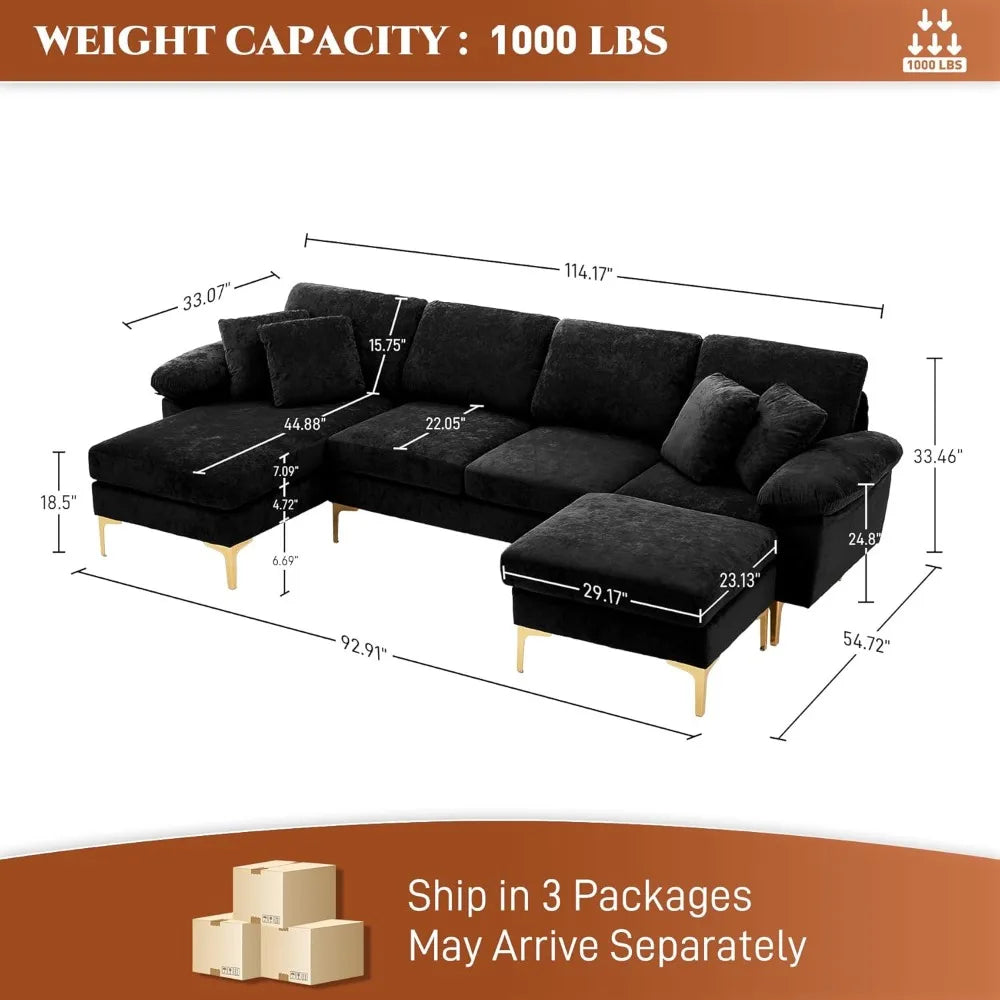 XMSJ Velvet U-Shaped Sectional Sofa With Chaise Ottoman