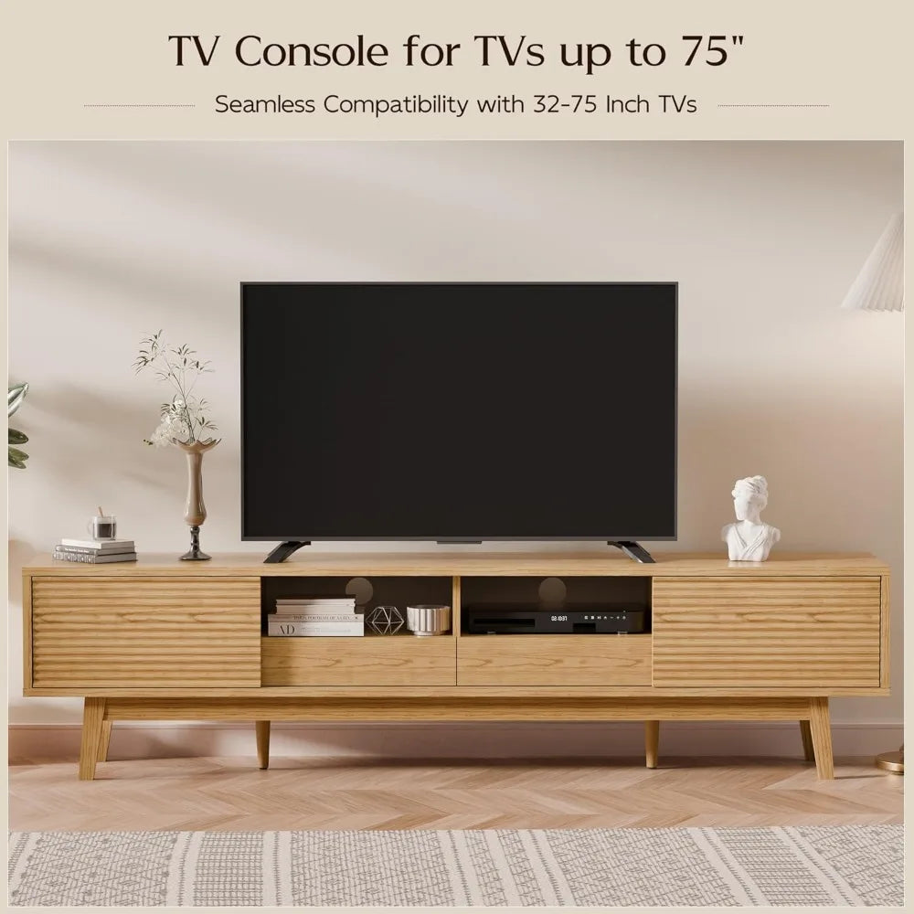 HUANZHUANG Mid Century Modern TV Console With Fluted Sliding Doors