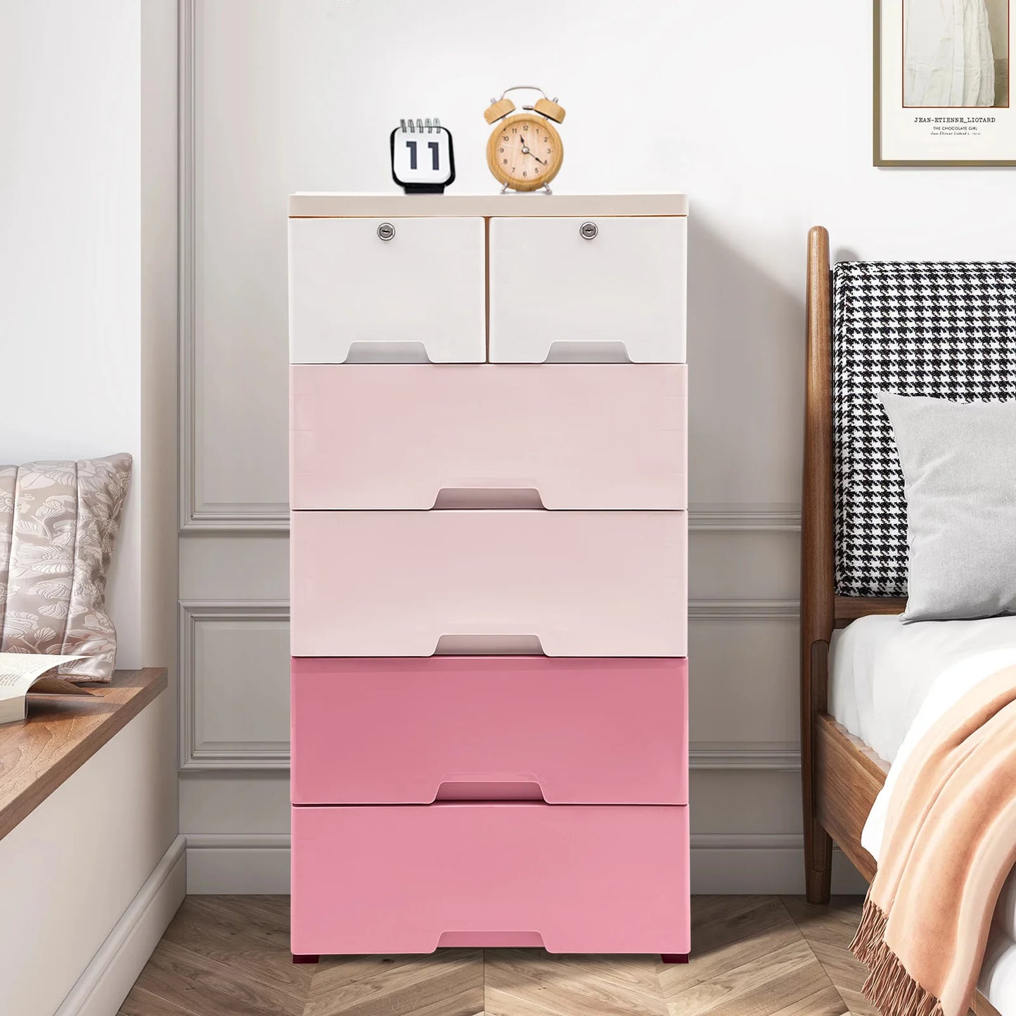 Gradient Pink Plastic Storage Cabinet W/ 6 Drawers - Dresser Organizer for Closet, Bedroom & Office - Modern PP Drawers Dresser