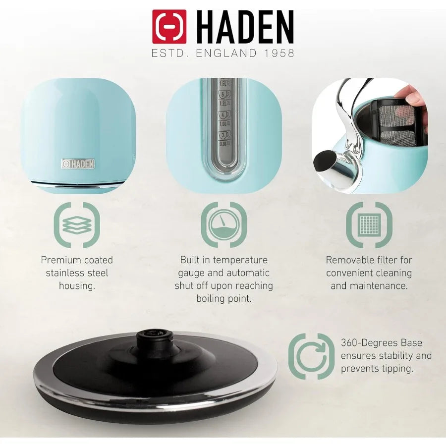 Heritage 1.7 Liter Stainless Steel Electric Tea Kettle with Heritage 2 Slice Wide Slot Stainless Steel Bread Toaster Turquoise