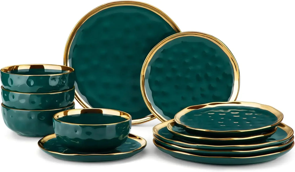 LIEI 12 Piece Porcelain Dinnerware Set For Four Plates Bowls