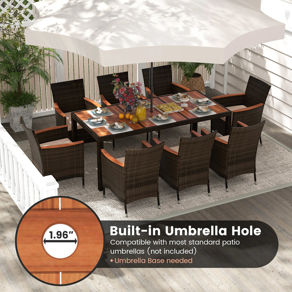 HOMASIS Weather-Resistant 9-Piece Patio Wicker Dining Set With AcaciaWoodTable Cushions