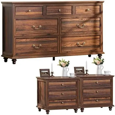 MKDK Farmhouse Dresser And Nightstands Set 3-Piece With Storage