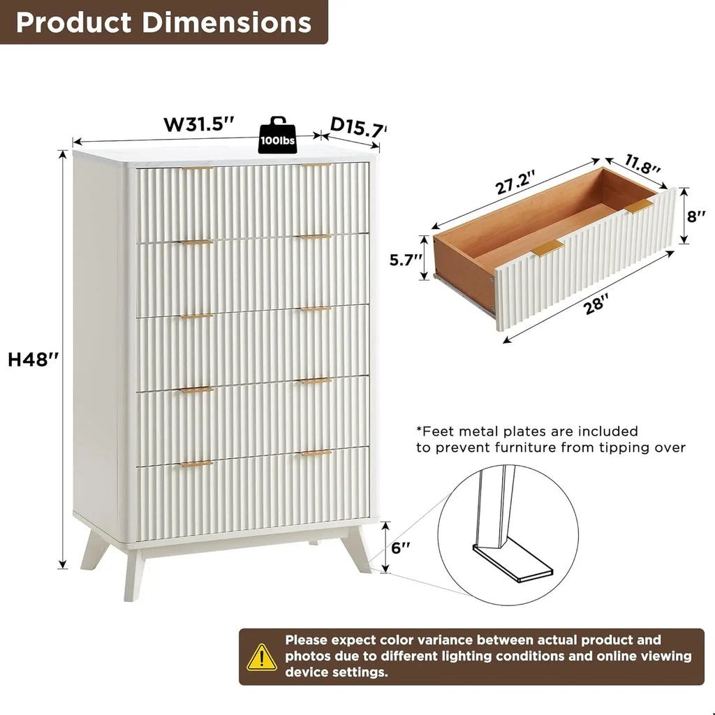 Fluted 5 Drawer Dresser Modern Wooden Chest For Living Room