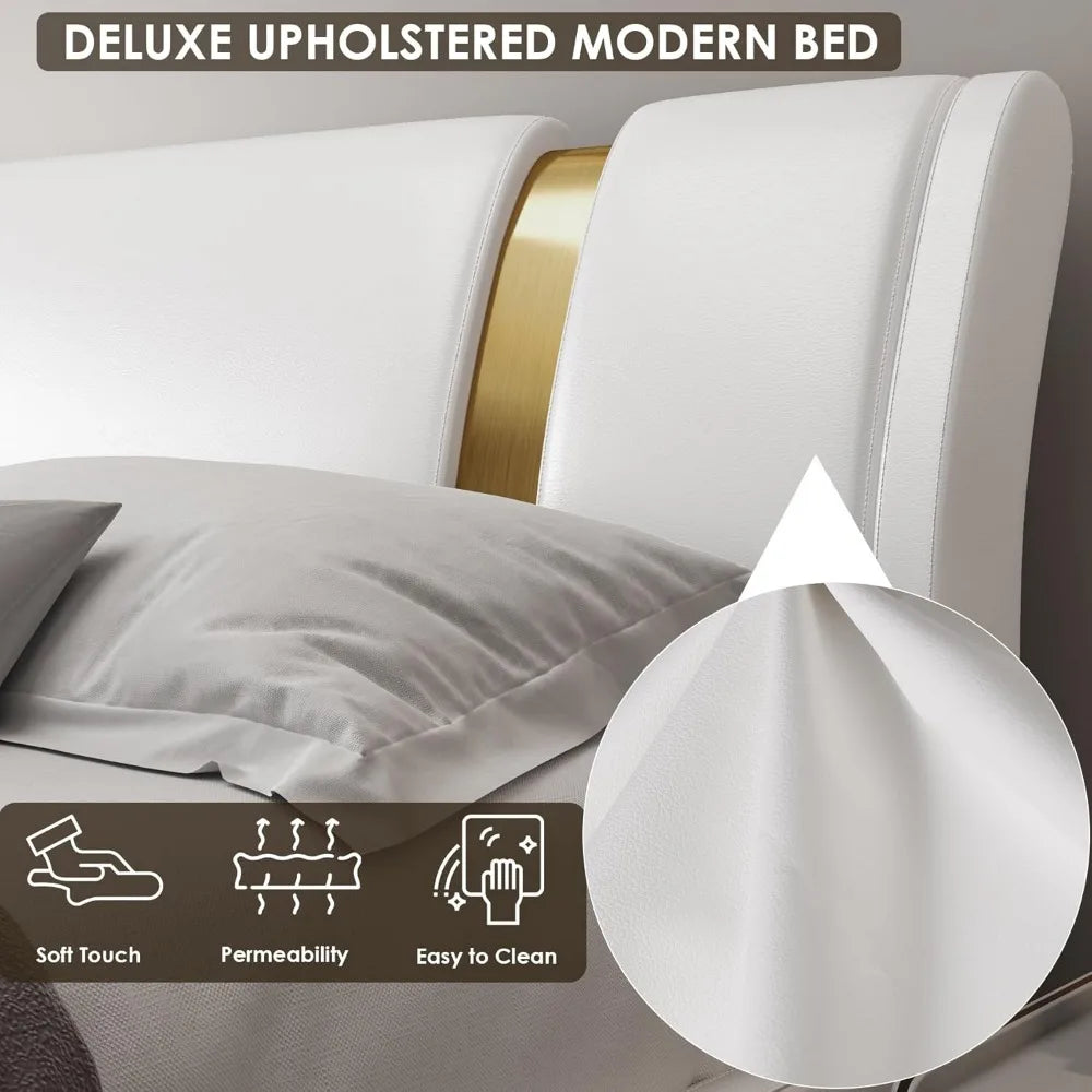 YANYING Modern Faux Leather Platform Bed Frame Golden Metal