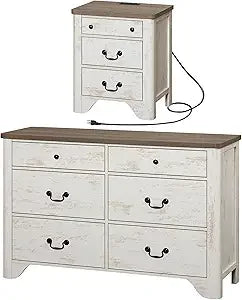 MKDK Farmhouse Dresser And Nightstand Set 3 Piece Bedroom Storage