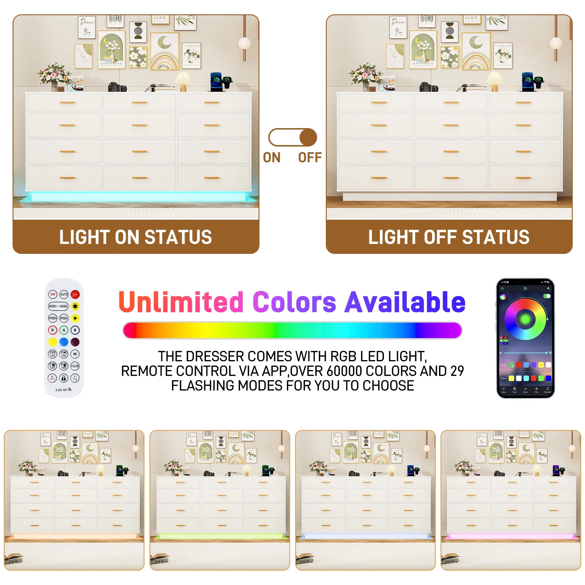 QiaoShiRen Modern Chest Of Drawers With Power Outlets LED