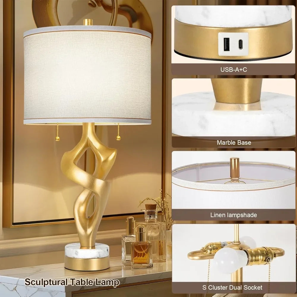 Customizable-Scenekoy Sculptural Table Lamp Set Of 2 For Living Room With Marble Base & USB Ports, Gold Leaf Finish Rustic Bedsi