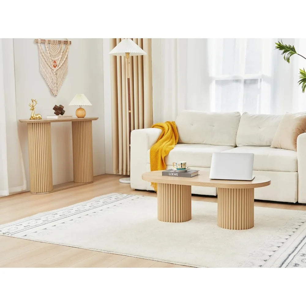 Fluted Oval Coffee Table Boho Modern Center Table Living