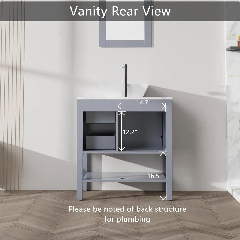 30" Gray Bathroom Vanity Sink Combo Modern Single Vessel Sink Bathroom Cabinet with 2 Drawer, Chrome Faucet, Drain, Mirror, Free