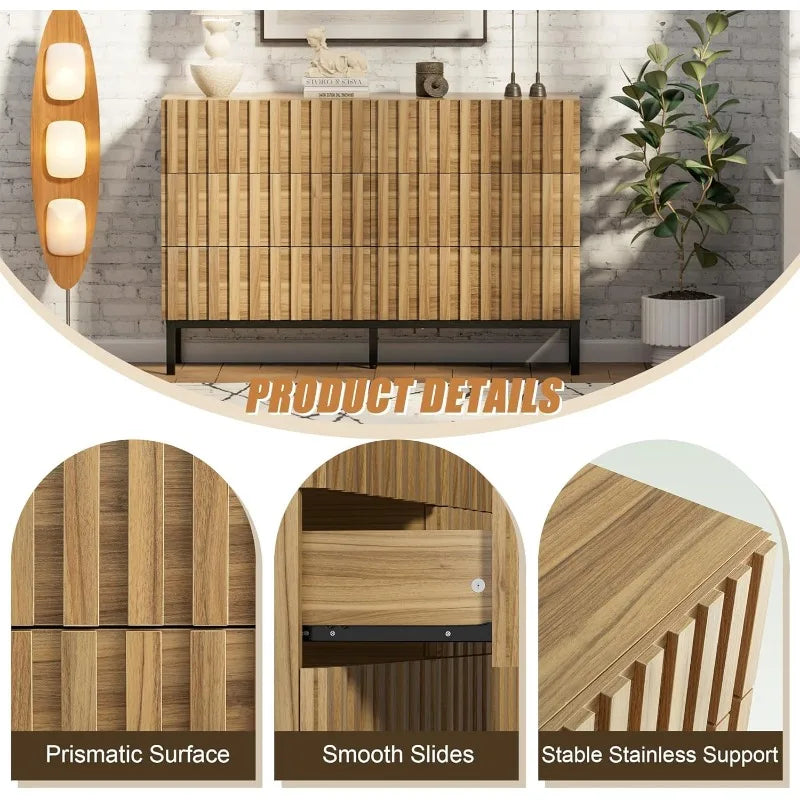 Fluted 6 Drawer Dresser with Metal Stand, Mid Century Modern Dresser,Wood Dresser for Bedroom,Accent Chest of Drawers for Be