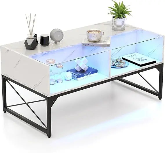 LED Coffee Table With Storage Cubes And Tempered Glass Top