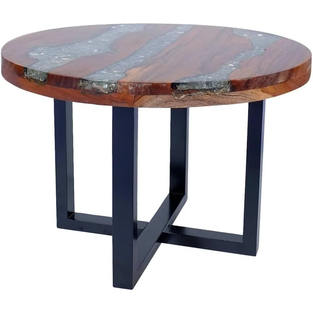 Teak Mango Wood Round Coffee Table With Resin Inlay