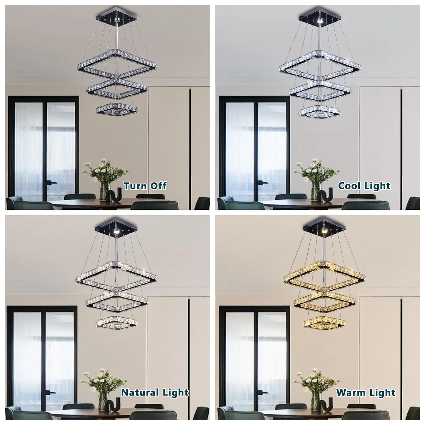 Finktonglan Three Square Rings LED Crystal Pendant Light Dimmable Chandelier