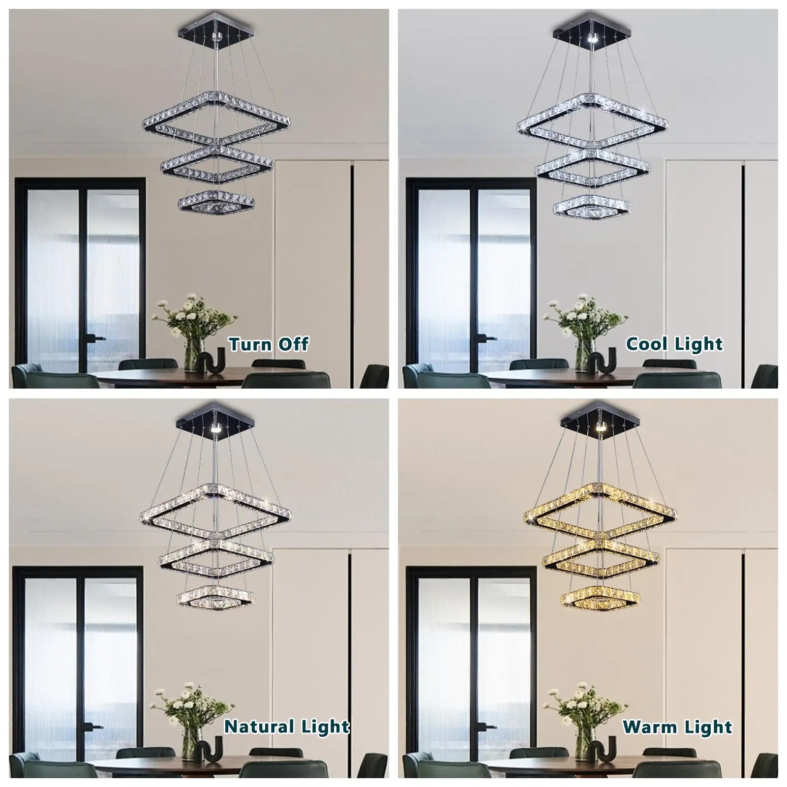 Finktonglan Three Square Rings LED Crystal Pendant Light Dimmable Chandelier