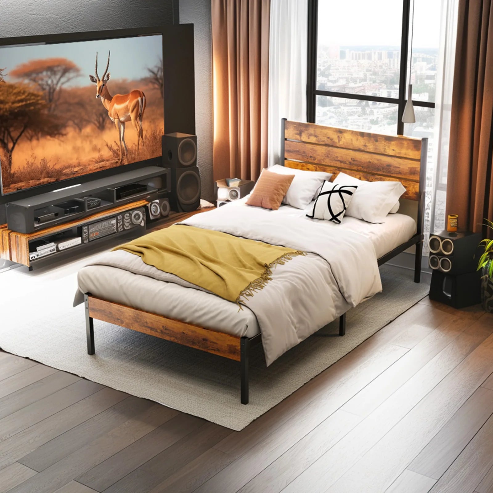 JHK Metal Platform Bed Frame Headboard And Footboard Slats