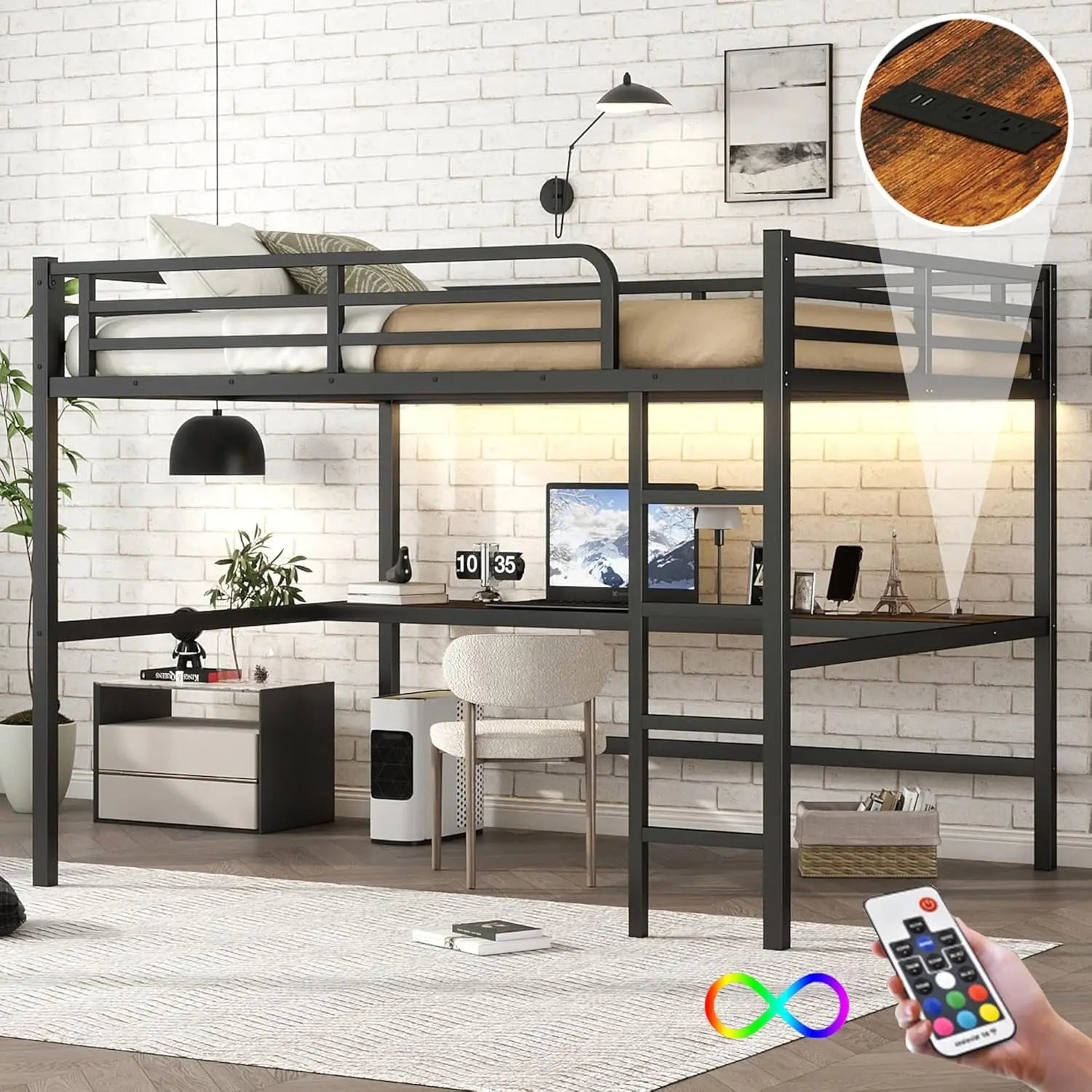 Sturdy Metal Loft Bed Desk LED Lighting And USB Charging