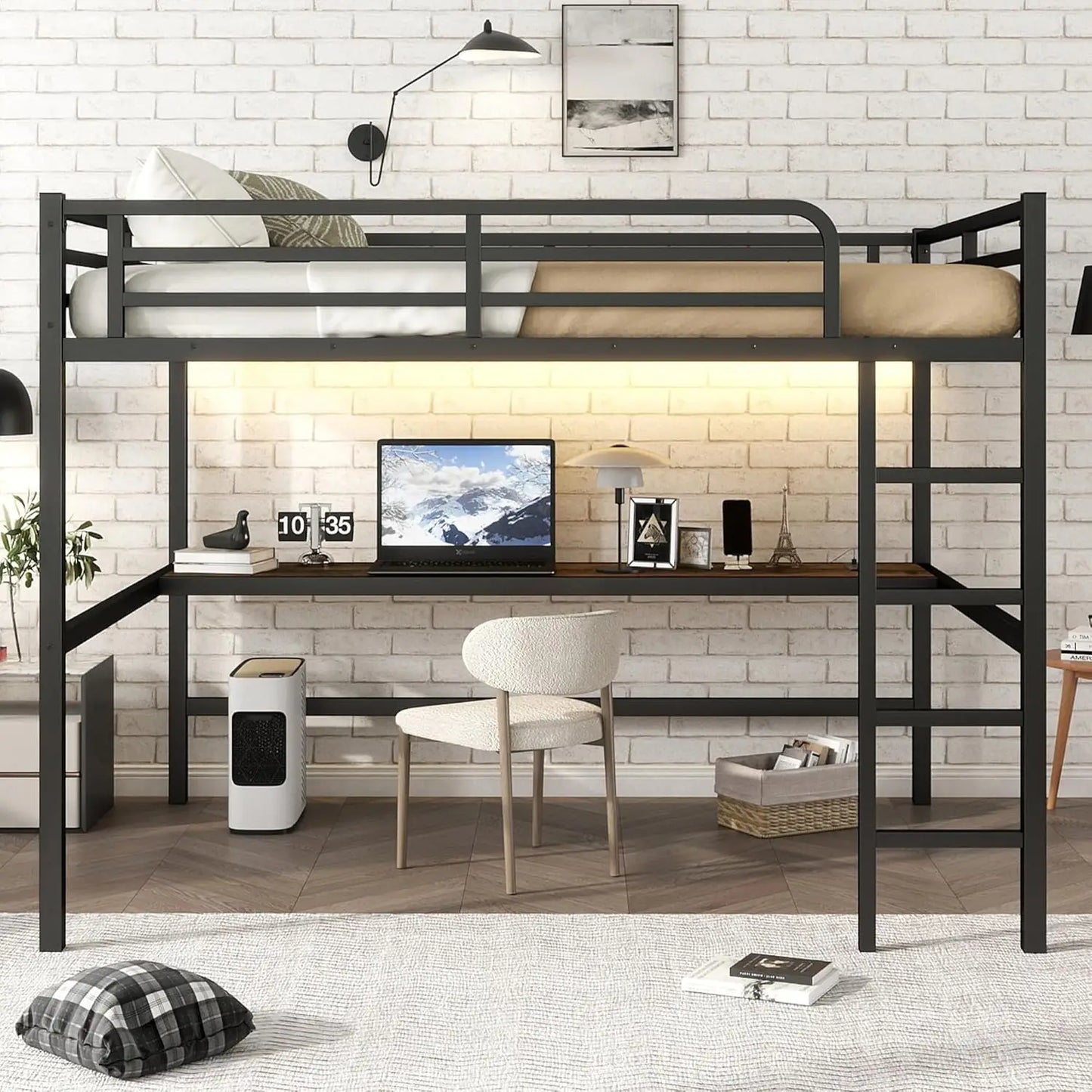 Sturdy Metal Loft Bed Desk LED Lighting And USB Charging